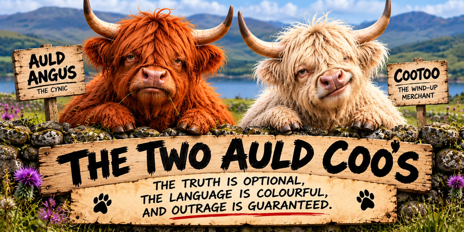 Auld Angus, the unimpressed reddish-brown Highland coo, beside Cootoo, the mischievous cream Highland coo, with their names and the Two Auld Coos slogan